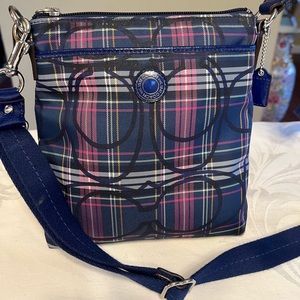 Coach Poppy Red Tartan Plaid Signature C Adjustable Crossbody Bag Purse Travel